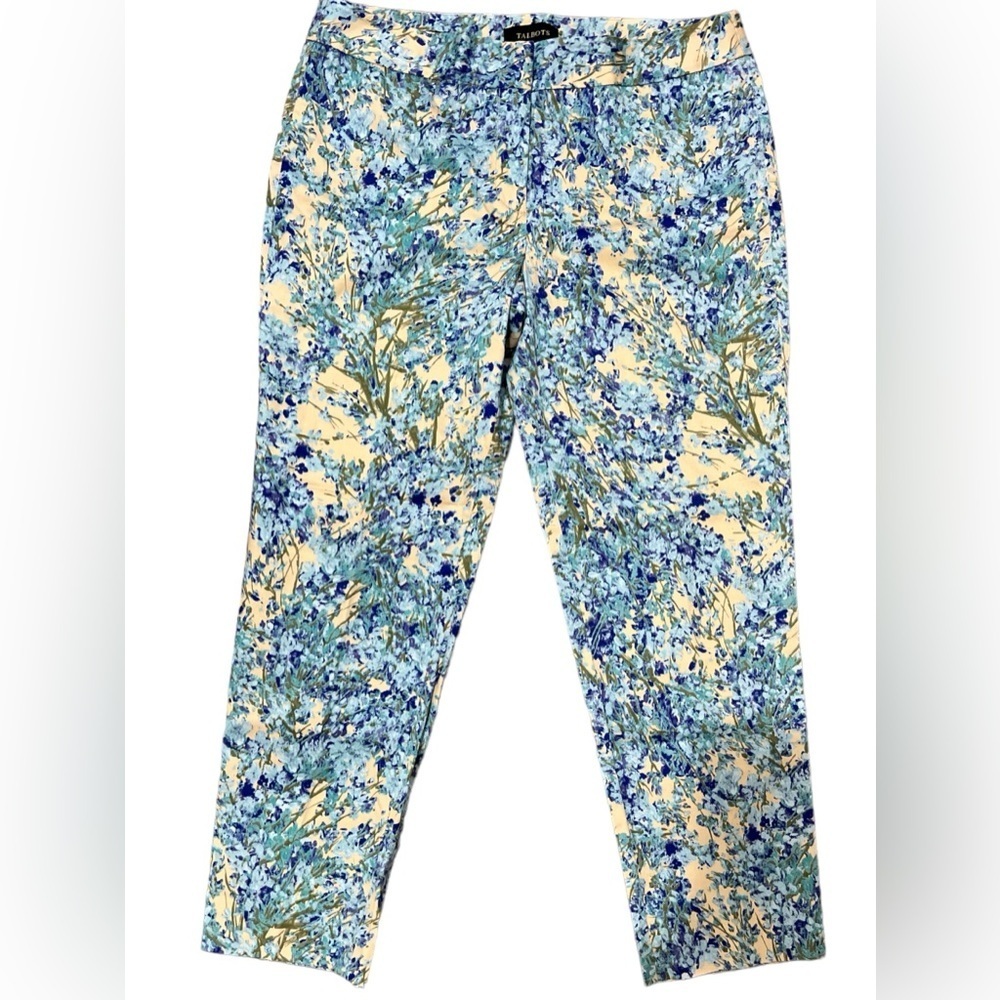 TALBOTS Signature Front Zip floral Watercolor Green Blue ankle Pants Size 10